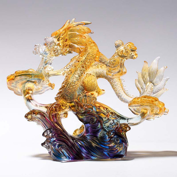 Buddha Stones Year of the Dragon Handmade Ruyi Handle Liuli Crystal Art Piece Protection Home Office Decoration Decorations BS Large Colorful Dragon 26*12*22.5cm/10.24*4.72*8.86inch
