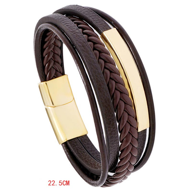 Buddha Stones Simple Design Titanium Steel Leather Luck Bracelet Bracelet BS Brown 22.5cm