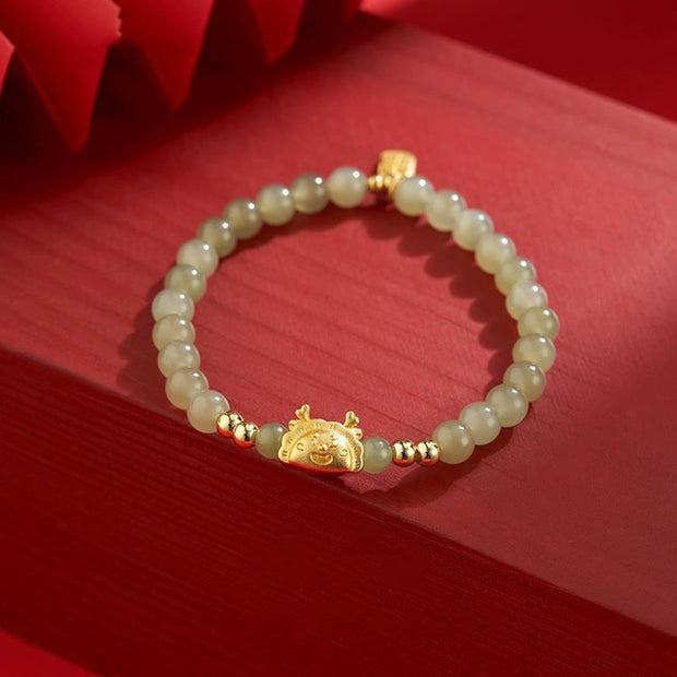 Buddha Stones Year of the Dragon Dumpling Natural Red Agate Garnet Hetian Jade Fu Character Luck Success Bracelet Bracelet BS Hetian Jade(Wrist Circumference 14-16cm)