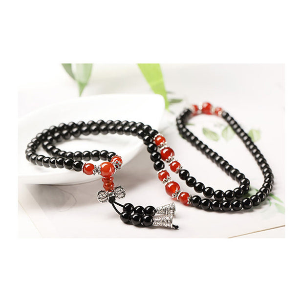Buddha Stones 108 Mala Beads Black Onyx Tiger Eye Laughing Buddha White Crystal Red Agate Protection Bracelet