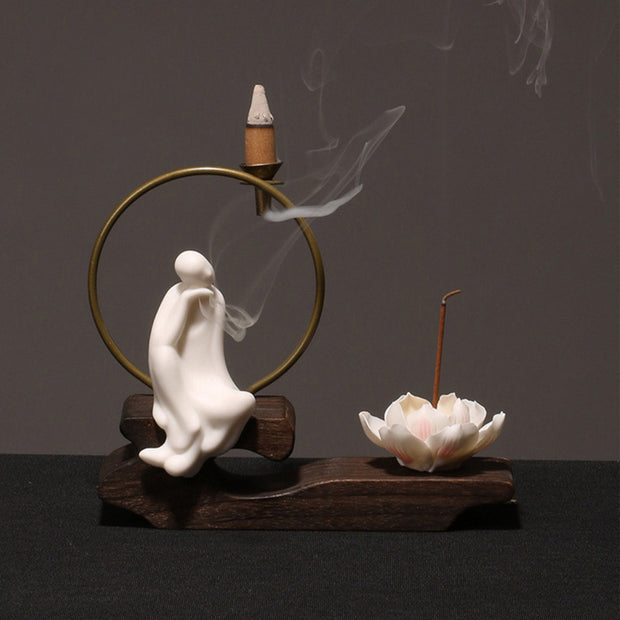 Buddha Stones Ceramic Lotus Healing Meditation Incense Burner Decoration Decorations Incense Burner BS White Meditation