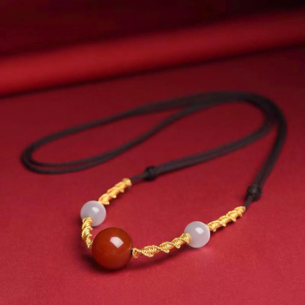 Buddha Stones Natural Red Agate Cat Eye Calm Braided String Bracelet Necklace Pendant Bracelet Necklaces & Pendants BS Red Agate&Cat Eye Black Rope Necklace 70cm