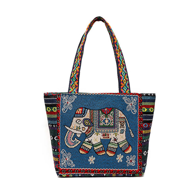 Buddha Stones Elephant Butterfly Embroidered Large Capacity Canvas Tote Bag Shoulder Bag Bag BS Blue Elephant