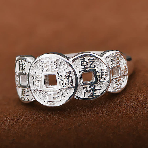 Buddha Stones Five-Emperor Coins Auspicious Wealth Adjustable Ring Ring BS 12