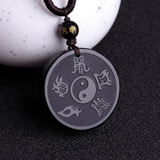 Buddha Stones Natural Black Obsidian Taoism Five Sacred Mountains Nine-Character Mantra Carved Strength Yin Yang Necklace Pendant Key Chain Necklaces & Pendants BS Black Obsidian&String