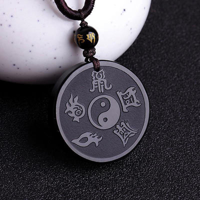 Buddha Stones Natural Black Obsidian Taoism Five Sacred Mountains Nine-Character Mantra Carved Strength Yin Yang Necklace Pendant Key Chain