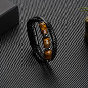 Buddha Stones Natural Tiger Eye Protection Willpower Magnetic Buckle Leather Bracelet Bracelet BS 7