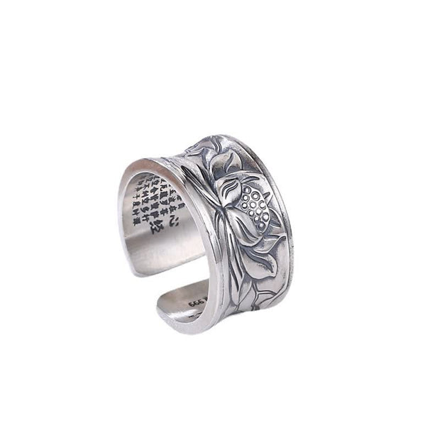 Buddha Stones 999 Sterling Silver Lotus Flower Heart Sutra Protection Ring Ring BS 6