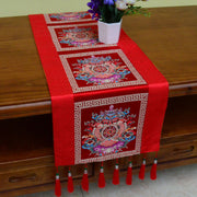 Buddha Stones Prayer Altar Mat Man-Bcu Kalachakra Endless Knot Vajra Tibetan Auspicious Symbols Tassels Table Runner Prayer Altar BS 8 Auspicious Symbols Red 190*33cm