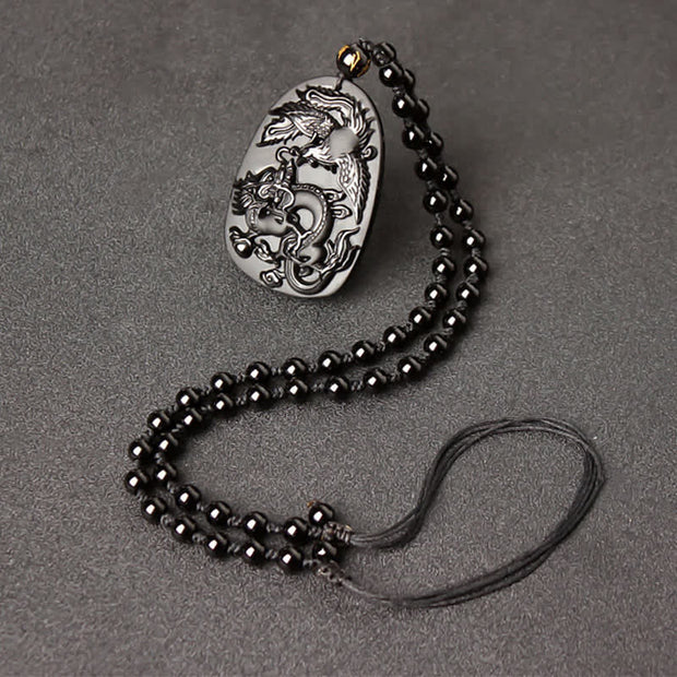 Buddha Stones Black Obsidian Tiger Eye Dragon Phoenix Protection Beaded Necklace Pendant Necklaces & Pendants BS Obsidian Retractable Bead String