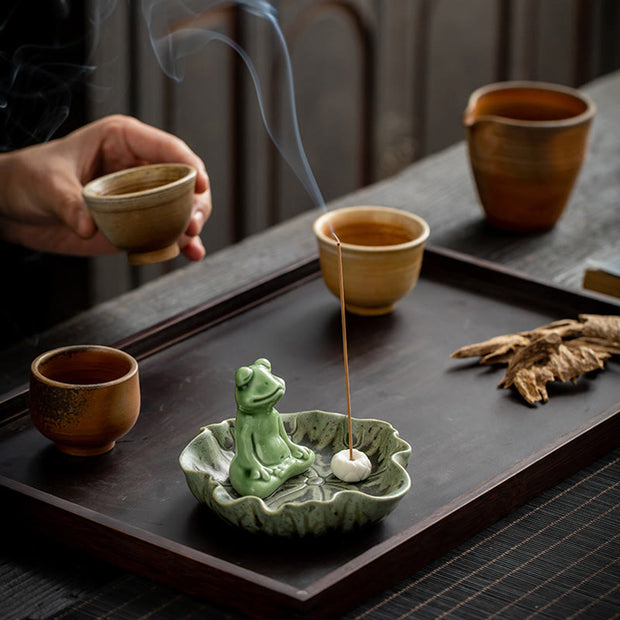 Buddha Stones Leaf Meditation Frog Pattern Healing Ceramic Incense Burner Decoration Incense Burner BS 5