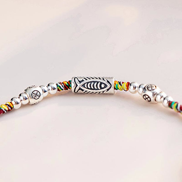 Buddha Stones 925 Sterling Silver Luck Koi Fish Braided Colorful String Bracelet Anklet Bracelet BS 4