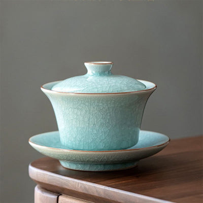 Buddha Stones Retro Green Ice Glaze Ceramic Gaiwan Sancai Teacup Kung Fu Tea Cup And Saucer With Lid