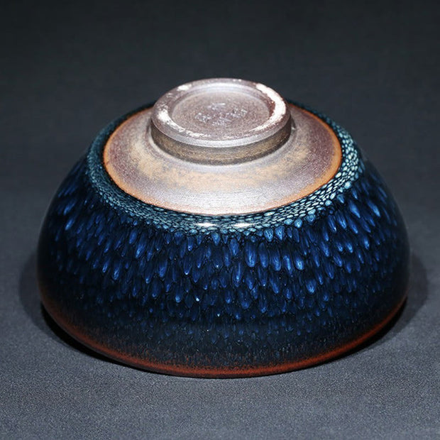 Buddha Stones Handmade Blue Francolinus Spot Chinese Jianzhan Ceramic Teacup Kung Fu Tea Cup Bowl