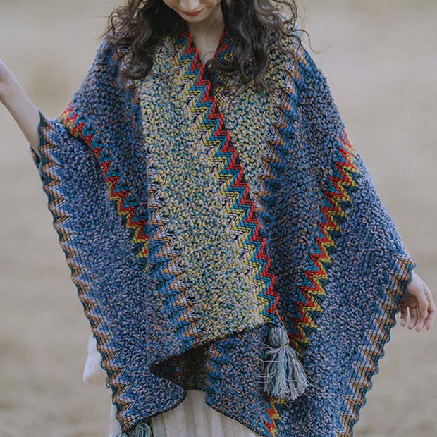 Buddha Stones Tibetan Shawl Soft Warm Knitting Cloak Winter Tibetan Tassel Scarf