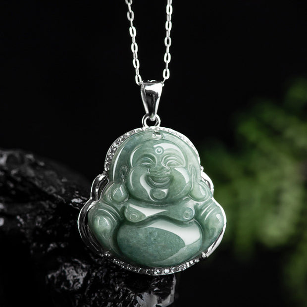 Buddha Stones 925 Sterling Silver Laughing Buddha Jade Abundance Necklace Chain Pendant Necklaces & Pendants BS 7