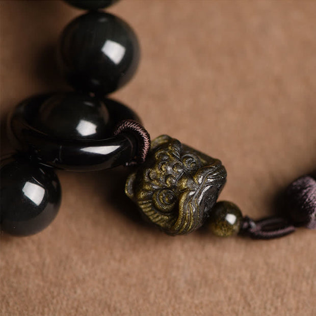 Buddha Stones Natural Black Obsidian Lion Wrist Mala Protection Tassel ...