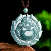 Buddha Stones Natural Jade Laughing Buddha Lotus Pattern Luck Necklace Pendant