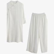 Buddha Stones 2Pcs Plain Design Zen Tai Chi Meditation Clothing Cotton Linen Top Pants Women's Set