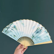 Buddha Stones Retro Lotus Flower Leaf Mountain Lake Handheld Folding Fan With Bamboo Frames Folding Fan BS 11