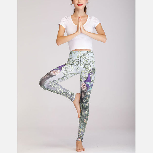 Buddha Stones 2Pcs Lotus Phoenix Spring Flowers Peacock Print Top Pants Sports Fitness Yoga Women's Yoga Sets