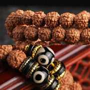 Buddha Stones 108 Mala Beads Rudraksha Bodhi Seed Dzi Bead Luck Wealth Bracelet Mala Bracelet BS 4