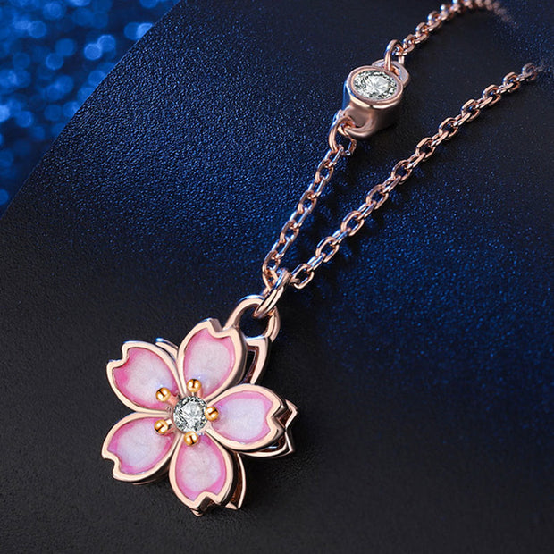 Buddha Stones 925 Sterling Silver Cherry Blossom Flower Rotatable Protection Necklace Pendant