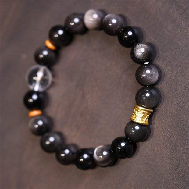 Buddha Stones Natural Silver Sheen Obsidian Crystal Om Mani Padme Hum Bead Protection Bracelet Bracelet BS 3