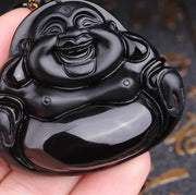 Buddha Stones Laughing Buddha Black Obsidian Transformation Pendant Necklace Necklaces & Pendants BS 3