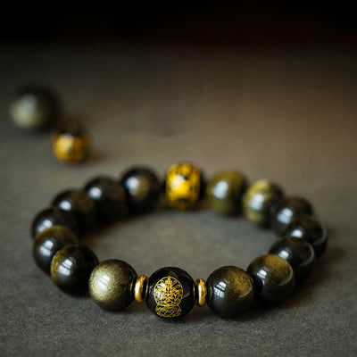 Buddha Stones Chinese Zodiac Natal Buddha Gold Sheen Obsidian Wealth Protection Bracelet Bracelet BS main