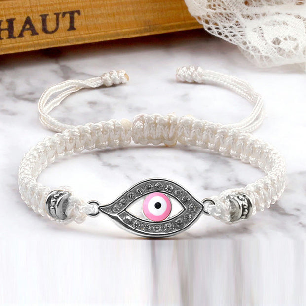 Buddha Stones Evil Eye Keep Away Evil Spirits String Bracelet Bracelet BS White Pink Evil Eye Silver Border