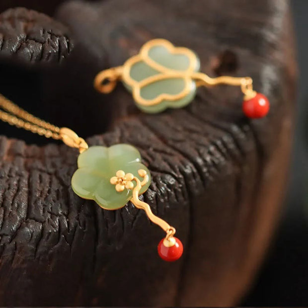 Buddha Stones Vintage Plum Blossom Flower Jade Red Agate Prosperity Necklace Pendant Necklaces & Pendants BS 3