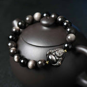 Buddha Stones Silver Sheen Obsidian Lotus Flower Nine Tailed Fox Laughing Buddha Protection Bracelet Bracelet BS 13