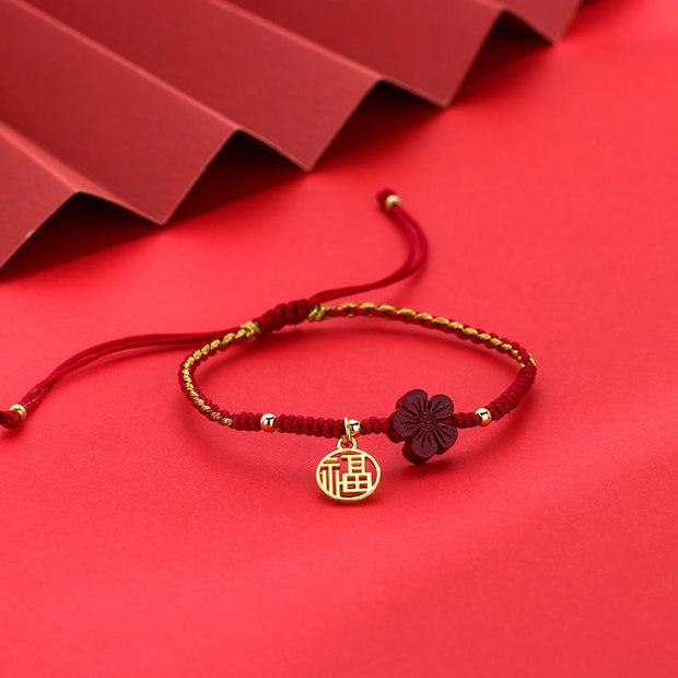 Buddha Stones Cinnabar Flower Fu Character Blessing Braided String Bracelet