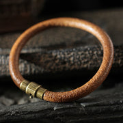 Buddha Stones Retro Leather Luck Healing Copper Magnetic Buckle Bracelet