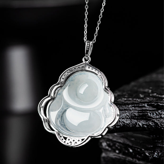 Buddha Stones 925 Sterling Silver Laughing Buddha Natural Jade Abundance Necklace Pendant Necklaces & Pendants BS 6