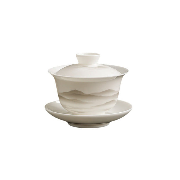 Buddha Stones Vintage Ink Painting Mountain White Porcelain Ceramic Gaiwan Sancai Teacup Kung Fu Tea Cup And Saucer With Lid Tea Utensil Teapot