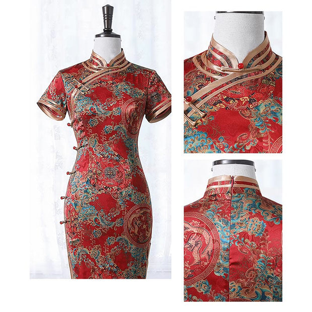 Buddha Stones Red Dragon Phoenix Pattern Cheongsam Dress Women's Qipao Dress