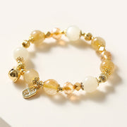 Buddha Stones 14K Gold Plated Golden Rutilated Quartz Wealth Bell Lucky Fortune Charm Bracelet
