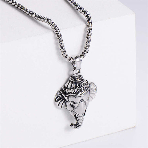 Buddha Stones Ganesh Ganpati Elephant Titanium Steel Protection Pendant Necklace Necklaces & Pendants BS Silver