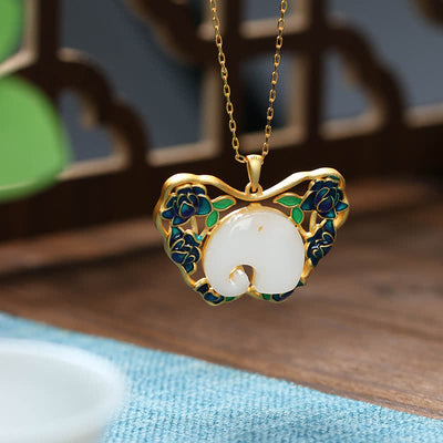 Buddha Stones White Jade Elephant Butterfly Lotus Success Necklace Chain Pendant Necklaces & Pendants BS White Jade