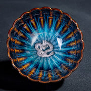 Buddha Stones Lotus Goldfish Auspicious Dragon Phoenix Ceramic Teacup Silver Inlaid Tea Cups 130ml Cup BS Dragon