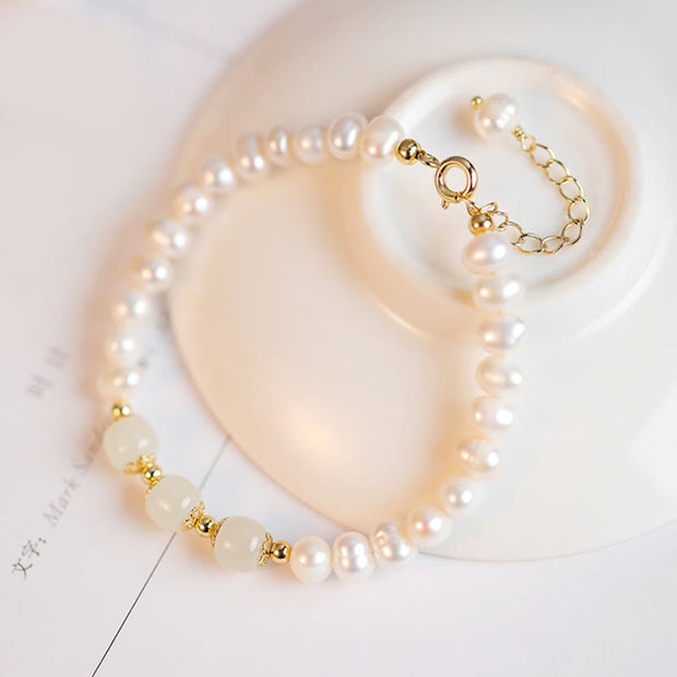 Buddha Stones 14K Gold Plated Natural Pearl Hetian Cyan Jade White Jade Sincerity Bead Chain Bracelet Bracelet BS White Jade( Protection♥Happiness)