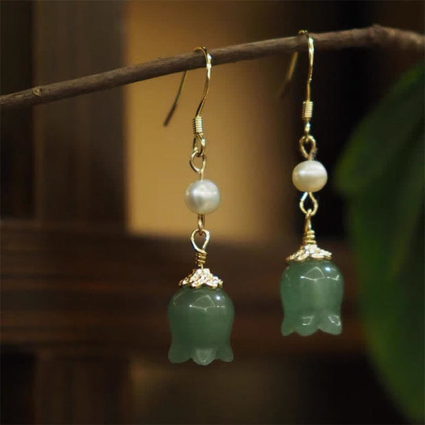 Buddha Stones Lily of The Valley Natural Green Aventurine 14K Gold Plated Luck Pearl Drop Dangle Floral Earrings Earrings BS 2