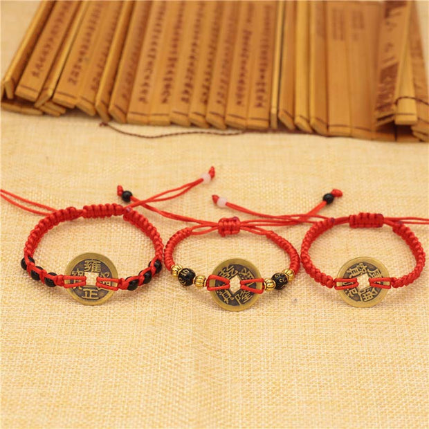 Buddha Stones Copper Coin Fortune Red String Weave Bracelet Bracelet BS 2