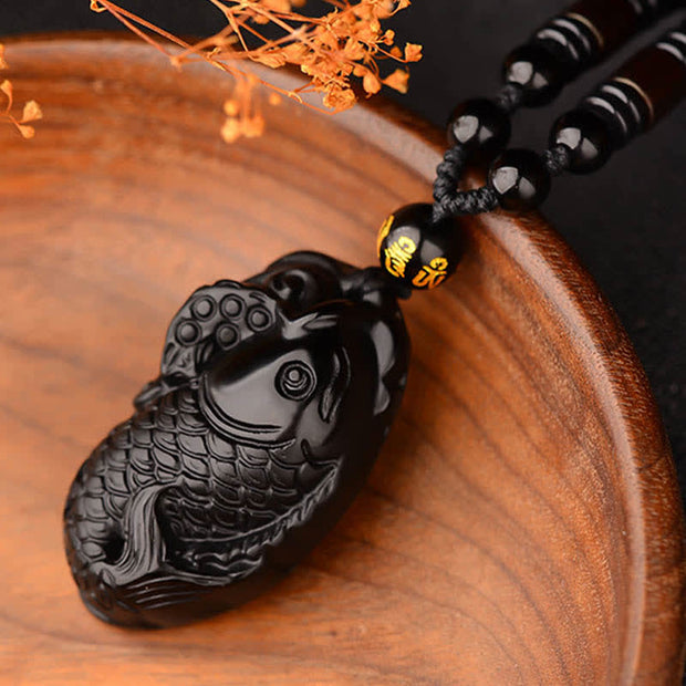 Buddha Stones Black Obsidian Koi Fish Healing Strength Beaded Necklace Pendant Necklaces & Pendants BS 1
