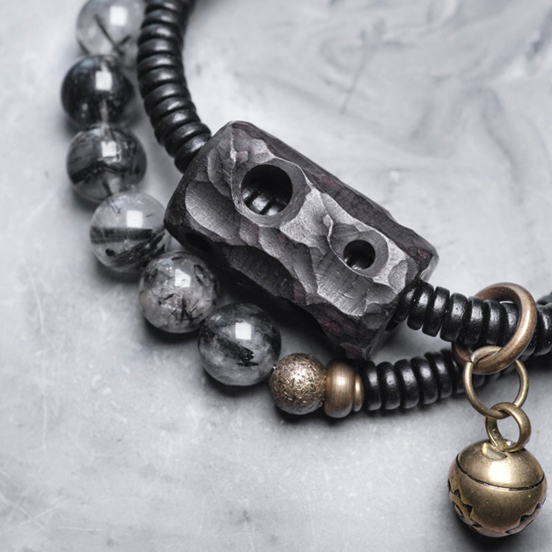 Buddha Stones Black Rutilated Quartz Ebony Wood Copper
