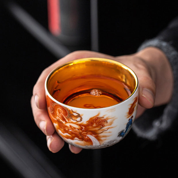 Buddha Stones Dragon Phoenix Crane Sun Ocean Waves Gilt Ceramic Teacup Kung Fu Tea Cup 170ml