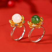 Buddha Stones 925 Sterling Silver White Jade Cyan Jade Lotus Flower Success Ring Ring BS main