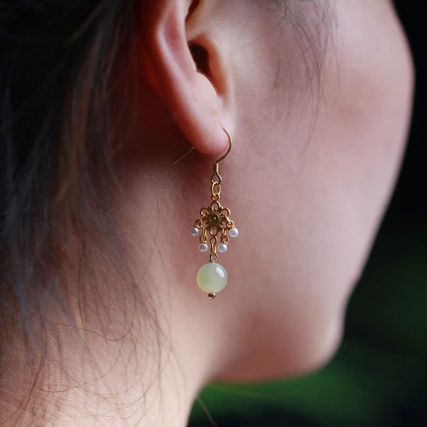 Buddha Stones Hetian Jade Flower Pattern 14K Gold Plated Luck Drop Dangle Earrings Earrings BS 2